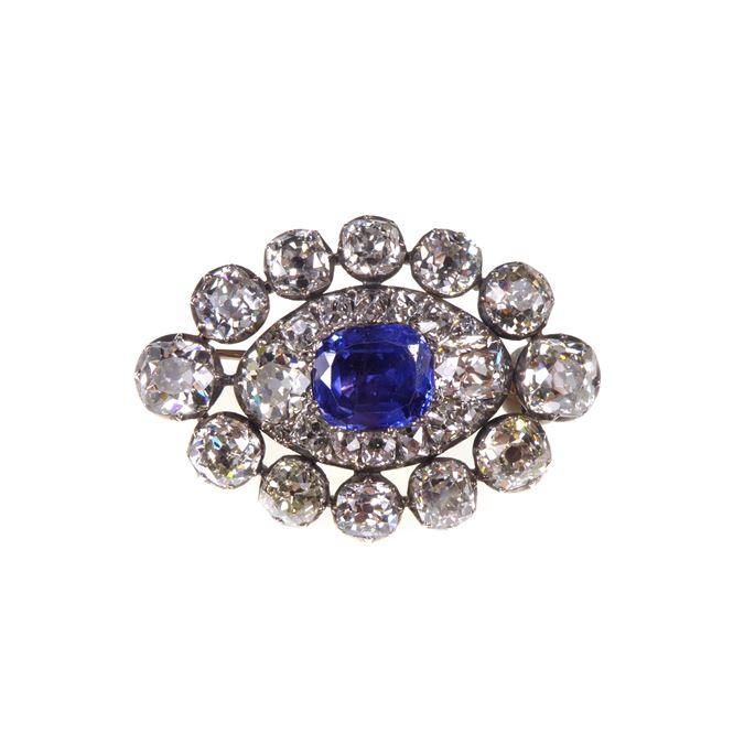 Sapphire and diamond lozenge shaped cluster brooch | MasterArt